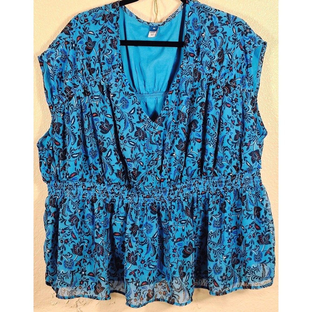 Old Navy Women’s 3X Blue Floral Peplum Blouse Short Sleeve Lightweight Top